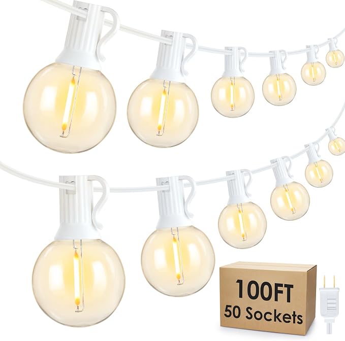 100Ft LED Outdoor String Lights, Dimmable Waterproof G40 Globe Patio Lights with 50+3 2700K Shatterproof Bulbs for Cafe Bistro-White Cord