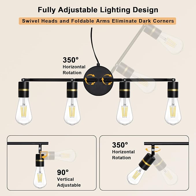 HiBay 4-Light Plug in Track Lighting, Rotatable Spotlight, Black Gold, E26 | Adjustable 4 heads ceiling fixture for kitchen dining room, plug-in cord with on/off switch, no wiring, excl bulb