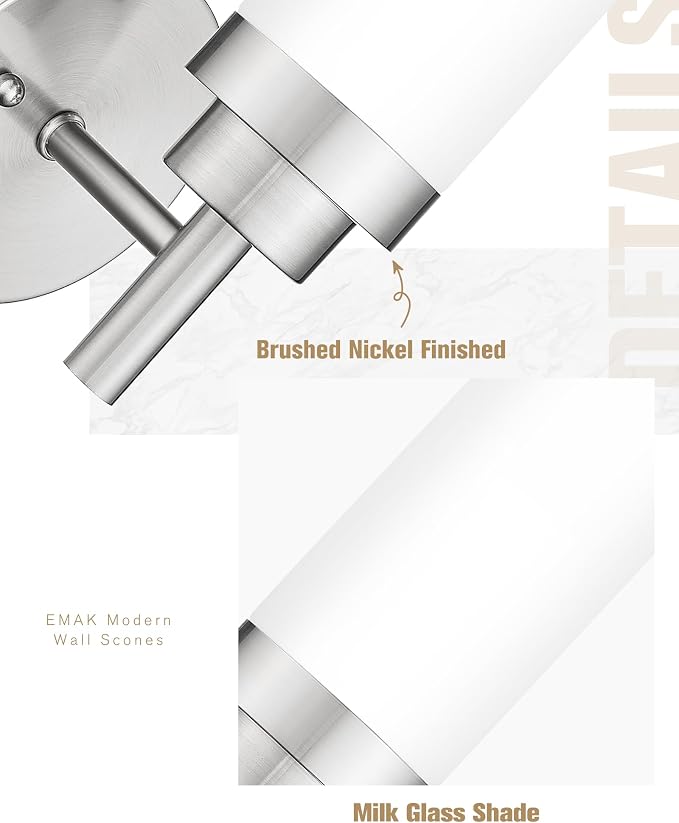 Emak Brushed Nickel Sconces Wall Lighting, Modern Vanity Lights with Milk Glass Shade, Wall Sconce for Bathroom, Bedroom, Living Room, Hallway, WS085-BN-ML-2PK