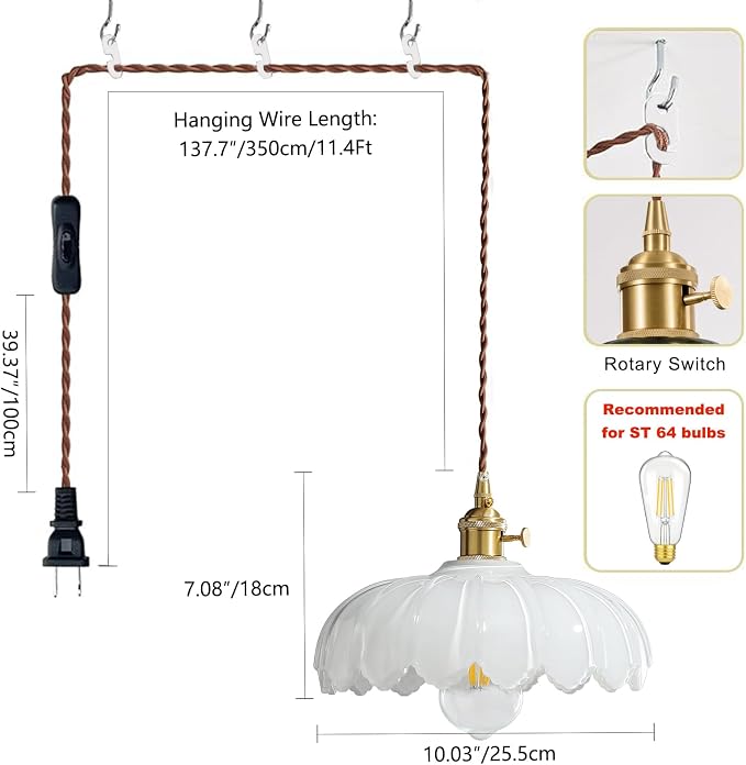 XZHGCEE Plug in Pendant Light: Milk Glass Hanging Light Plug in Hanging Lamp, Pendant Lighting for Kitchen Island, Bedroom, Dining Room, Living Room, E26 No Bulb