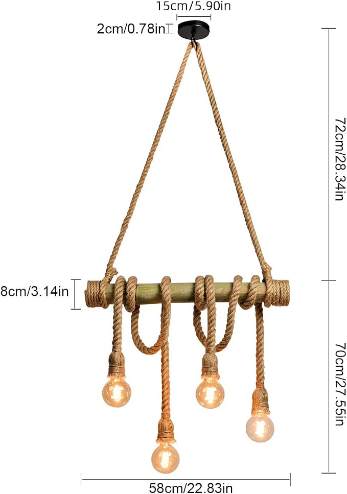 Arturesthome 4 Heads Hemp Rope Ceiling Pendant Light, Vintage Bamboo Chandeliers Decoration, Rustic Industrial Hanging Lamp for Bedroom Restaurant Cafe Bar