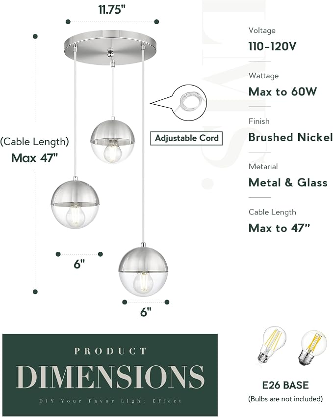Modern Brushed Nickel 3-Light Cluster Pendant Lights, Mid Century Pendant Lighting with Clear Globe Glass Shade, Adjustable Hanging Cord Ceiling Light for Bathroom Dining Room, LMS-186BNC3