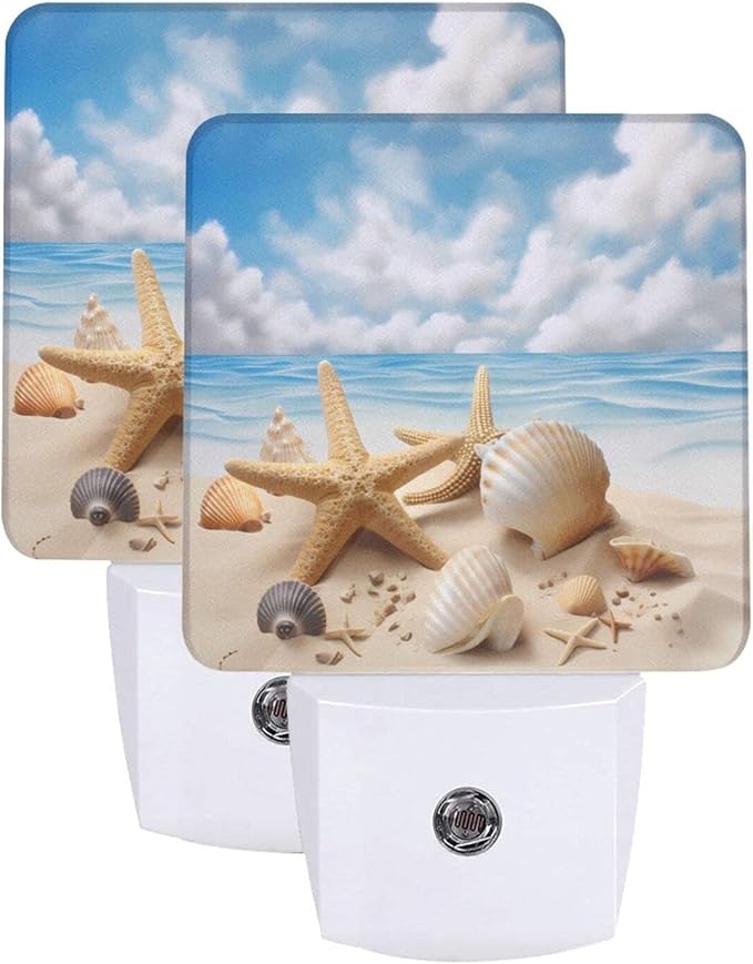 Starfish Seashells Night Light Set of 2, Summer Beach Auto Sensor LED Dusk-to-Dawn Nightlights, Plug-in Sensor Lamp for Bedroom Bathroom Kitchen Hallway Stairs Decorative
