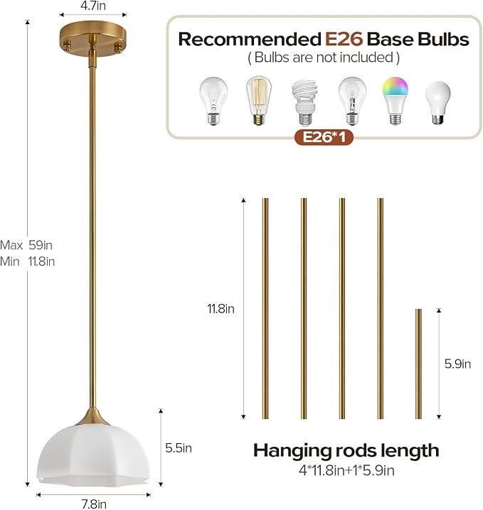 Milk Glass Pendant Lights for Kitchen Island E26 Base Mid Century Light | 7.8inch Modern Gold Lighting for Bathroom Bedroom Dining Room Adjustable Hanging Height Fixture