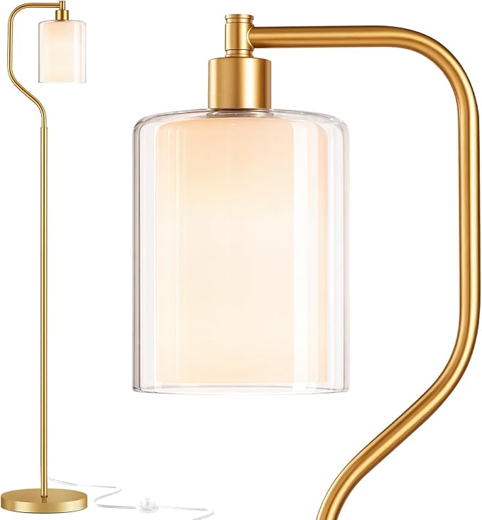 Dimmable Gold Floor Lamp with Double Glass Shade | Modern Floor Lamp with Remote & Foot Switch, 3 Color Temperatures, 9W Bulb, Corner lamp for Home Decor, Living Room, Bedroom