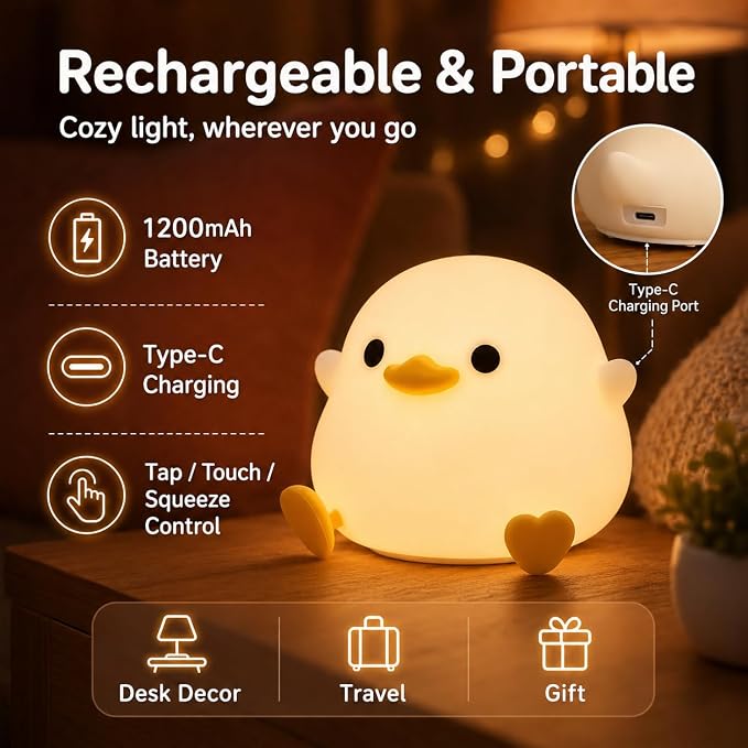 Ding Ding Duck Night Light, LED Squishy Novelty Animal Night Lamp, Food Grade Silicone 3 Level Dimmable Nursery Nightlight for Desk Decor, Funny Gifts Stuff for Boys Girls Baby, White Elephant Gifts