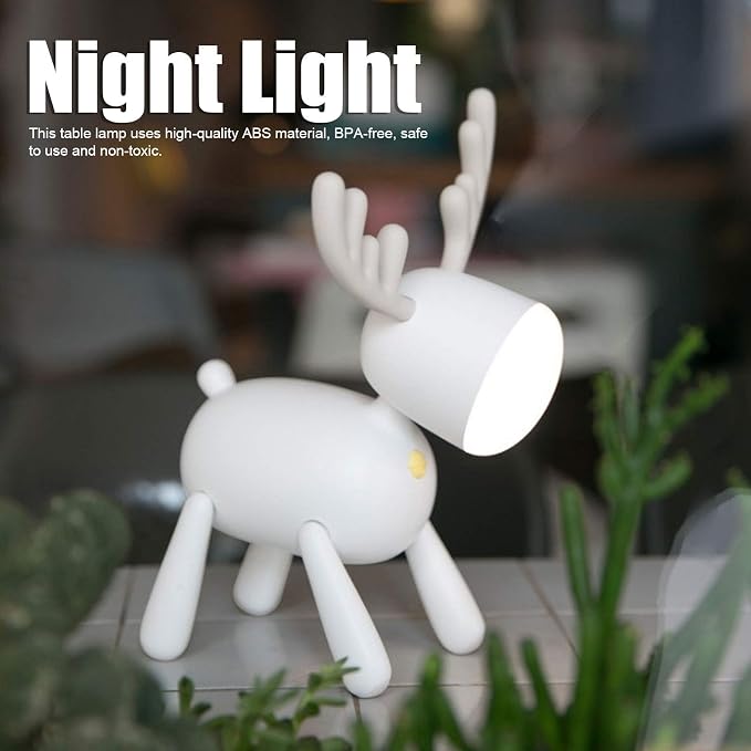 LED Night Light, Cute Deer Night Lamp, Cartoon Deer-Shaped Table Lamp, Portable Reading Table Night Lamp USB Charging Bedroom Decoration(White)