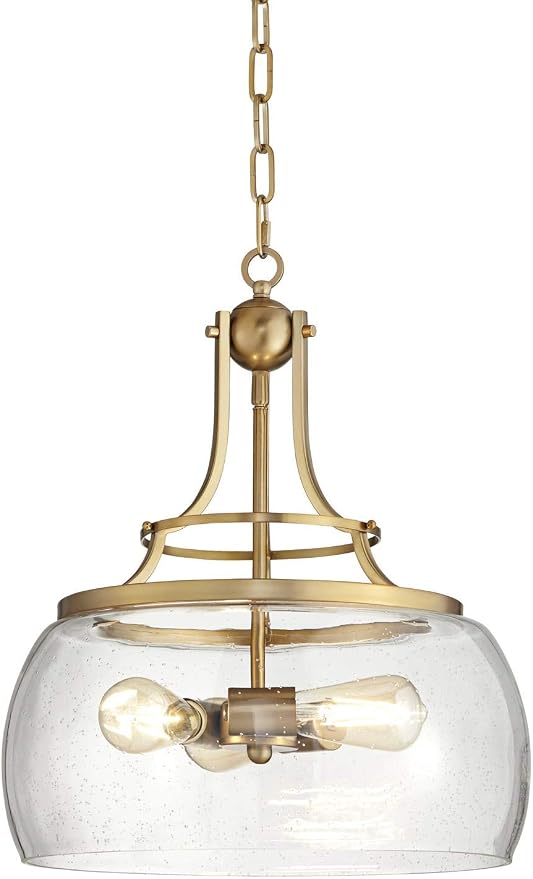 Charleston 16" Wide Warm Gold 3-Light LED Luxe Pendant Light Light Fixture | Brass Chandelier Modern Dimmable Clear Seedy Glass for Dining Room Living House Home Foyer Kitchen Island Entryway Bedroom