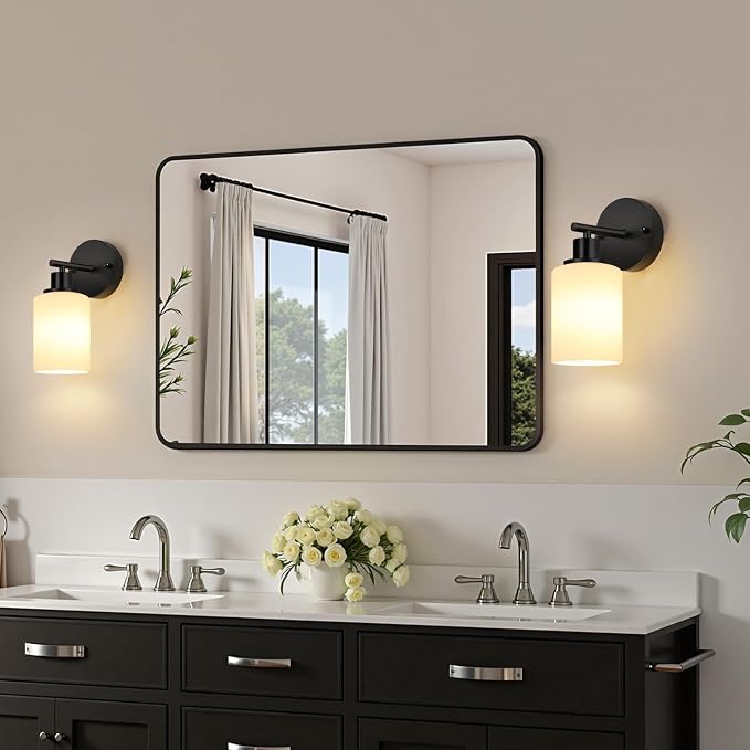 Set of 2 Wall Sconces for Bathroom,Black Modern Vanity Lights with Milky White Frosted Glass Shades,Bathroom Wall Lamp, for Bathroom, for Mirror, Living Room, Kitchen, Hallway, Cabinet, Porch