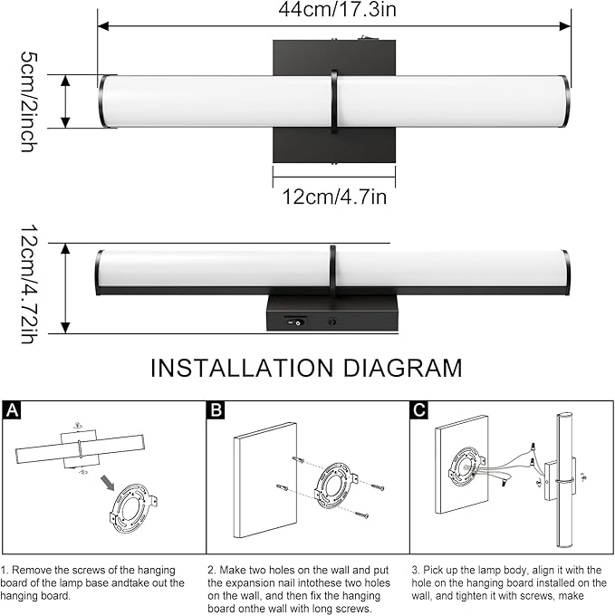 2Pack 17.3Inch Black Vanity Light Fixture with Switch, 12W 5000K Led Bathroom Light Fixture Over Mirror, Hardwired Wall Light, 1200LM Vanity Light Bar for Mirror Bedroom Hallway Living Room