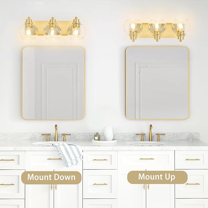 Tuscarora Bathroom Light Fixtures Gold Vanity Light 3 Light Wall Sconces Lighting Brushed Brass Bathroom Lights Bath Wall Lights Wall Lamp for Mirror (Brushed Gold & Clear Glass)
