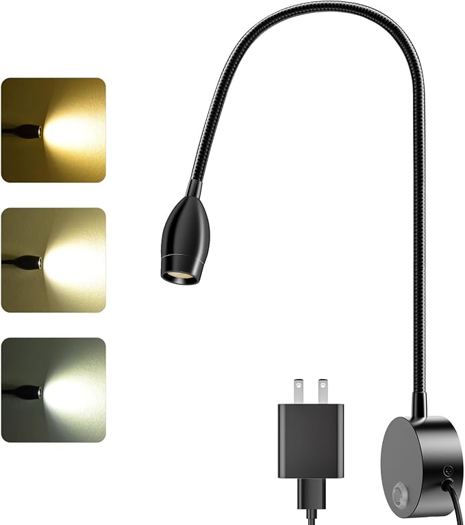 ERAY 1 Pack Plug-in LED Wall Mounted Bedside Reading Light for Bed | Touch Control, 3 Dimmable, 360°Flexible Gooseneck Headboard Book Reading Night Lamp Wall Sconce,Eye-Caring, 3000k-6000k