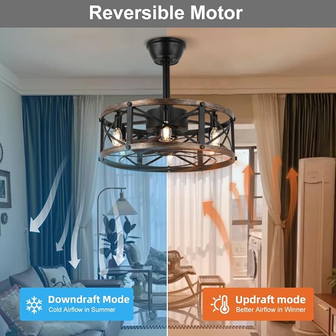 SHLUCE 19 Inch Farmhouse Fandelier with Light, ETL Listed | Remote Controlled, Bladeless Fandelier Design, Quiet Operation, Energy Efficient, Ideal for Bedroom & Kitchen Indoor Use
