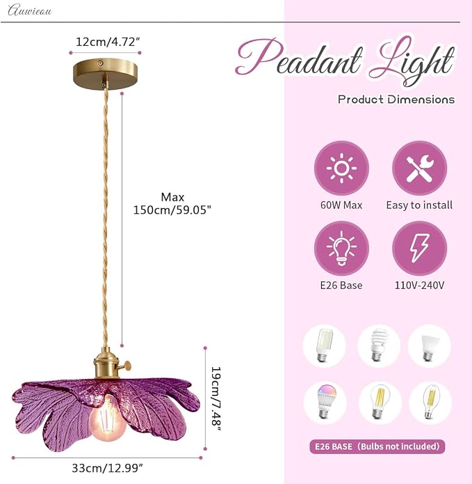 Modern Pendant Light for Dining Room, Purple Glass Leaf Shade | Mid Century Pendant Lights For Ceiling, Brass E26 Base, Gold Hanging Lamp Adjustable Height Vintage kitchen island Lighting