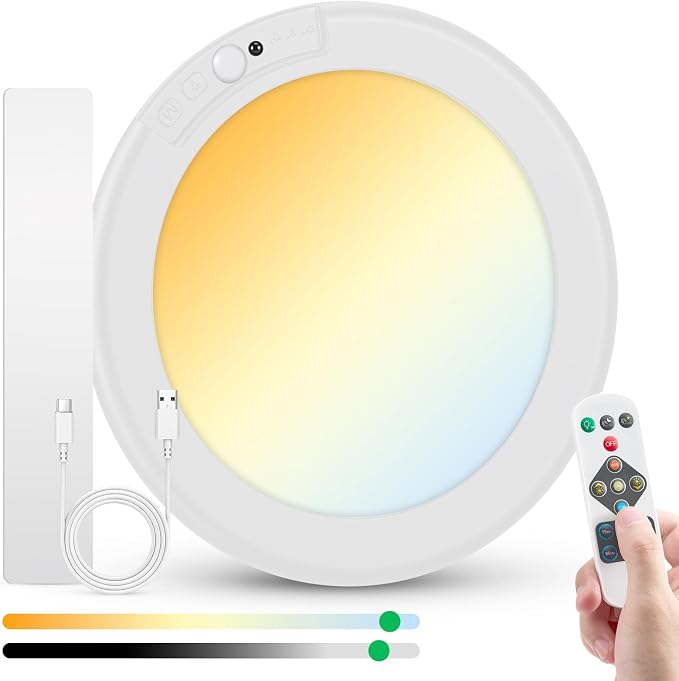 Bojim Wireless Waterproof Shower Light Magnetic Motion Sensor Ceiling Light | Battery Operated Lights with Remote, Waterproof & 3CCT Dimmable, No Wiring for Bathroom Stairs Shed