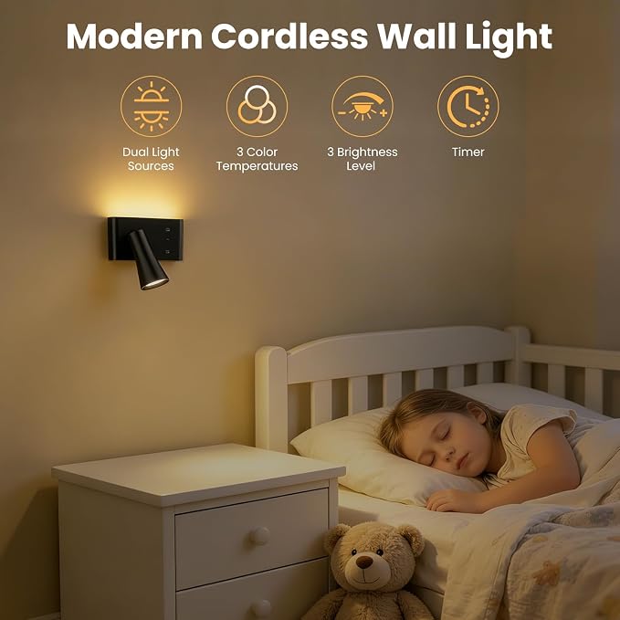Wall Sconce Battery Operated Reading Lights, 10000mAh Rechargeable Wireless LED Wall Lights, 3 Color Temperatures Dimmable Bedside Lamps for Bedroom Living Room, 1 Pack