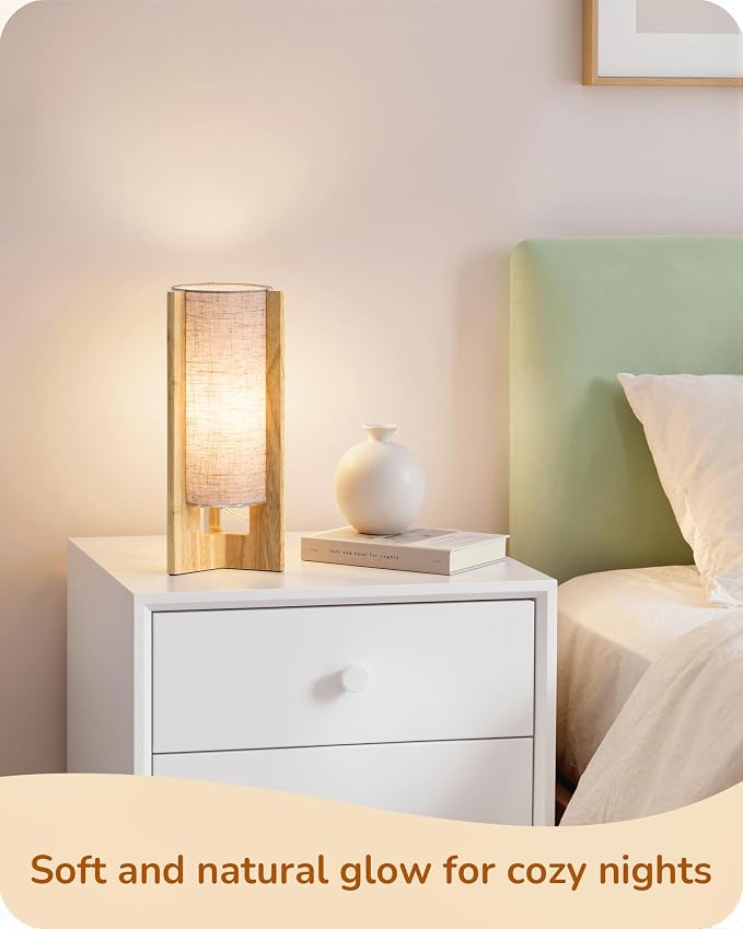EDISHINE Small Cute Table Lamp, Natural Wood Nightstand Lamp, 13.5", E26 | Cylinder, Beige Linen Shade, On-Off Line Switch, Three-Sided Base, Corner Modern Bedside Lamp for Living Room, Bedroom