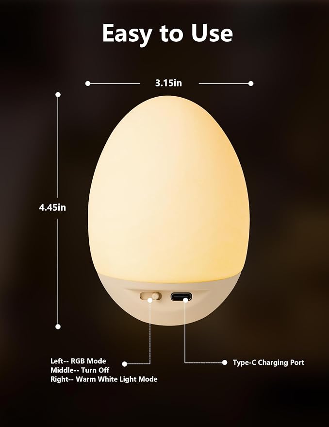 Egg Night Light for Nursery: Rechargeable Baby Touch Lamp | Soft rechargeable egg baby night light with touch control, stepless dimming and warm or RGB light for nursery and feeding