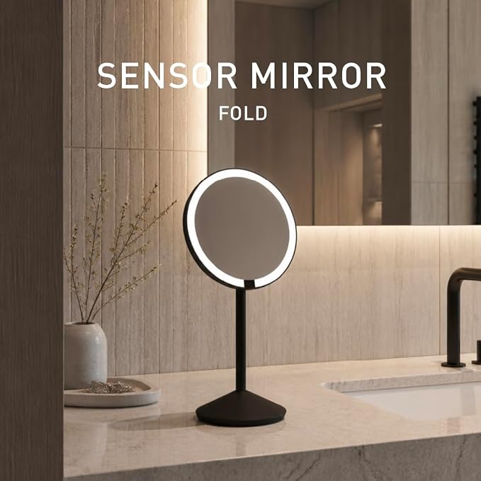 simplehuman Sensor Mirror Fold, 5'' with 10X Magnification, Round Rechargeable Travel Makeup Mirror, Tru-Lux® Full-Spectrum Light, Adjustable Brightness & Height, Matte Black Steel