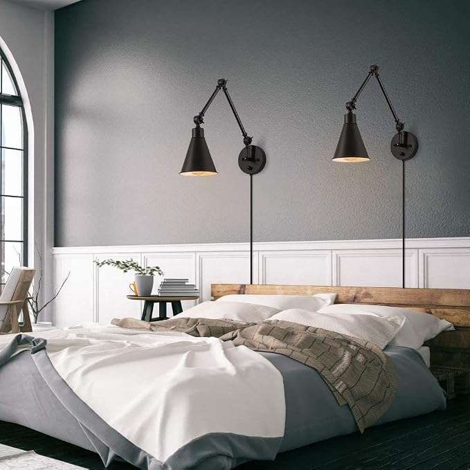 CADUKE Swing Arm Wall Lamp for Bedroom, Set of 2 Plug in Wall Light Fixture with Dimmable Switch, Industrial Metal Black Wall Reading Sconce for Living Room Farmhouse Hallway