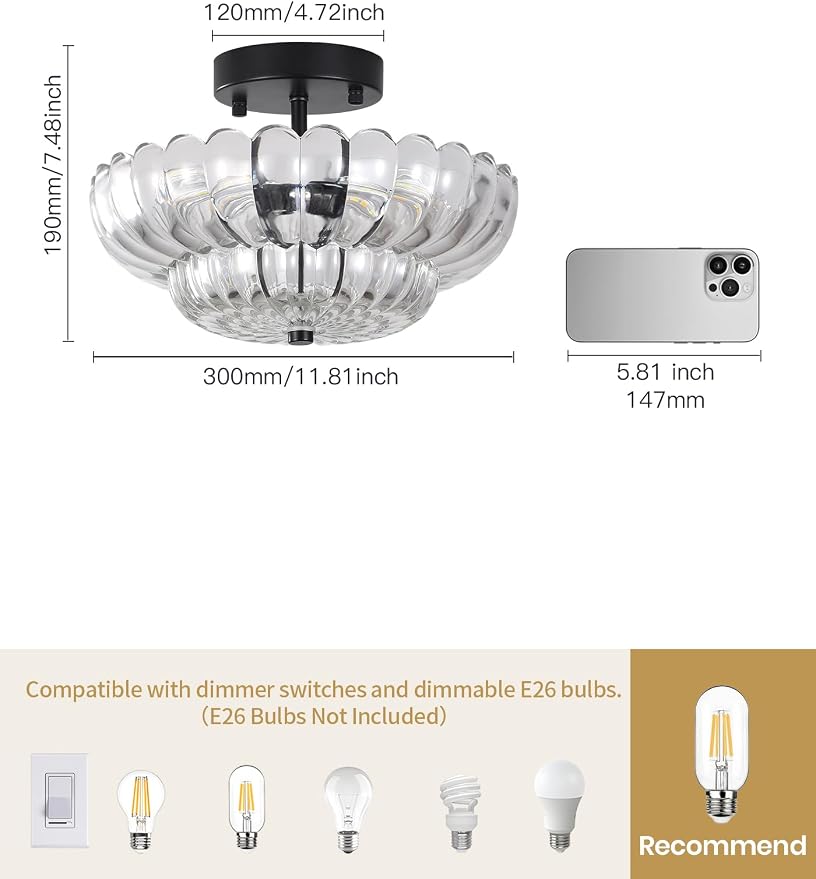Semi Flush Mount Ceiling Light, Vintage Black Close to Ceiling Light Fixture with Glass Shade, Mid Century Modern Lighting for Bedroom Hallway Kitchen Laundry-Clear
