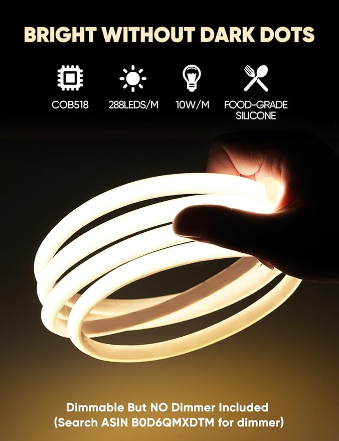 COB Led Neon Rope Lights 65ft 2800K Warm White, 110-120V Outdoor Waterproof Lighting Strip 600lm/m Super Bright, Cuttable and Adhesive, for Roof Bedroom Garden Commercial