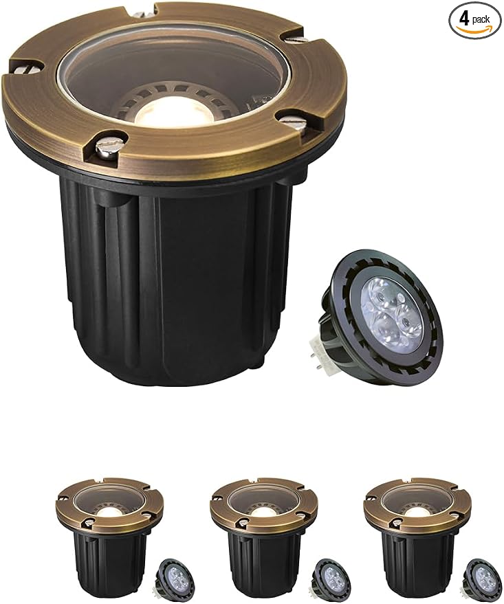 MALORY Low Voltage Landscape Well Lights, (φ126 mm) Brass Top Cover | 12V Outdoor In Ground Lights,Waterproof Uplight,Flat Top, 5W MR16 Bulb ,for Landscaping,Pathway, Driveway, Deck,Garden