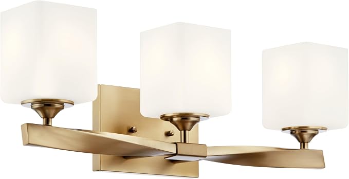 Kichler Marette 3-Light Bathroom Vanity Light, Champagne Bronze | Satin etched cased opal glass vanity light for bathrooms and powder rooms (23" x 8.25" x 6"), 55002CPZ