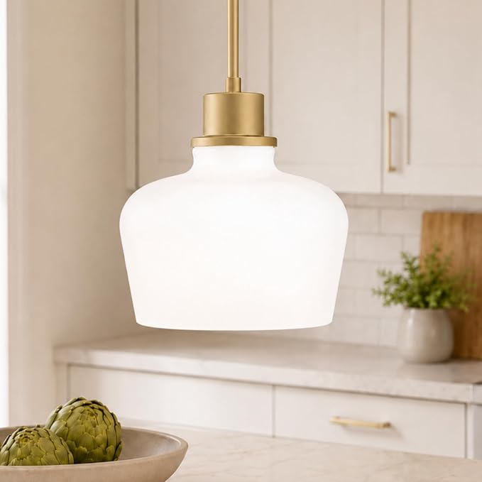 Emak 1-Light Painted Gold Pendant Light with Milk Glass Shade, PL122-GD-ML | 8-inch Milk Glass Shade for Soft Light; Vintage Bell-Shaped, 42-inch Adjustable Rods. For Kitchen & Dining rooms. UL Listed.