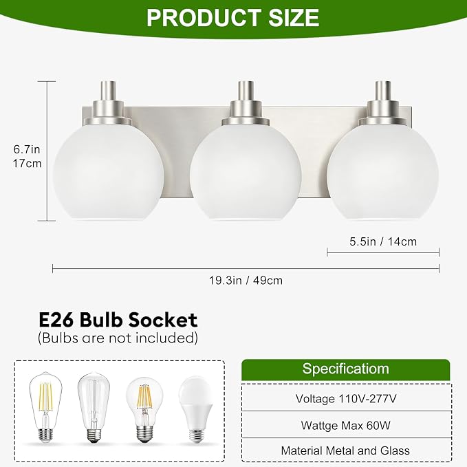 IZORRO Bathroom Light Fixtures, 3-Light Brushed Nickel Vanity Light, Modern Wall Sconces with Globe Milk White Glass Shade, Vanity Lighting Fixtures Over Mirror,E26 Bulb Socket