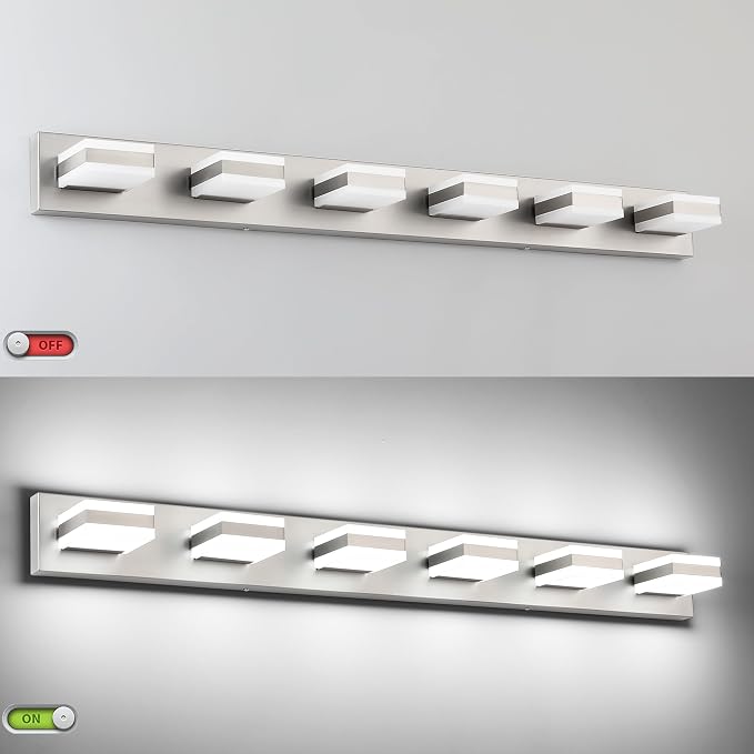 SOLFART LED Modern Bathroom Vanity Lights Over Mirror, Brushed Nickel Vanity Light Fixture 6 Light, LED Nickel Bathroom Lights Cool Light 6000K