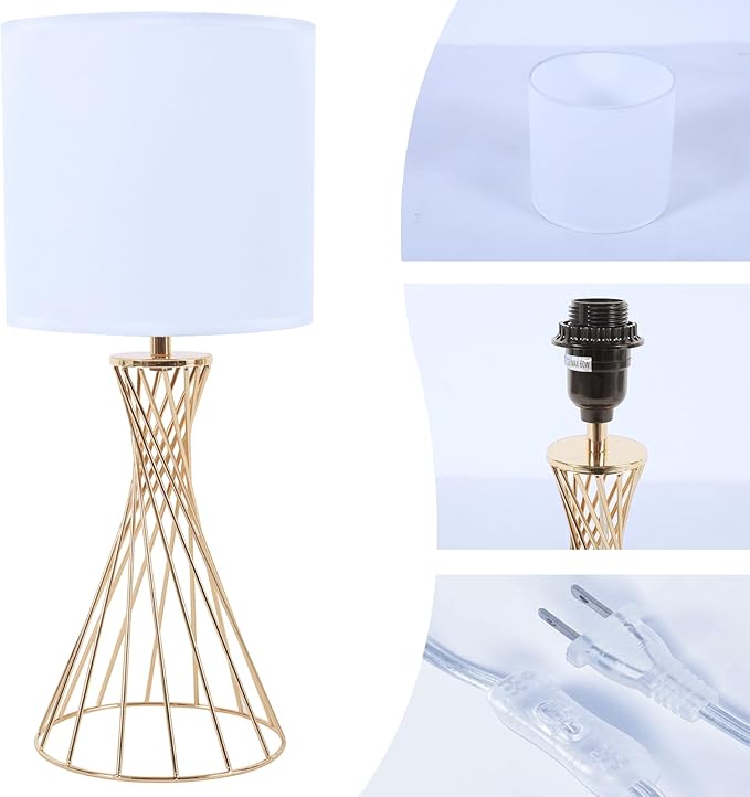 Gold Table Lamp, Small Cute Gold Desk Lamp, Nightstand Lamp, Modern Bedside Lamp with White Fabric Shade, Metal Geometric Hollow Out Base Lamps for Living Room Bedrooms Kids Room
