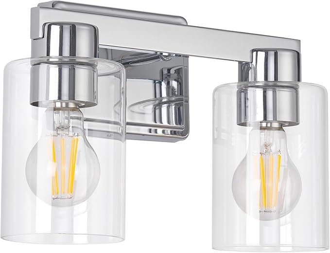 2-Light Bathroom Light Fixtures with Clear Glass, Chrome | Vanity Lights, Modern Wall Sconces, Over Mirror for Bathroom, Powder Room, Living Room