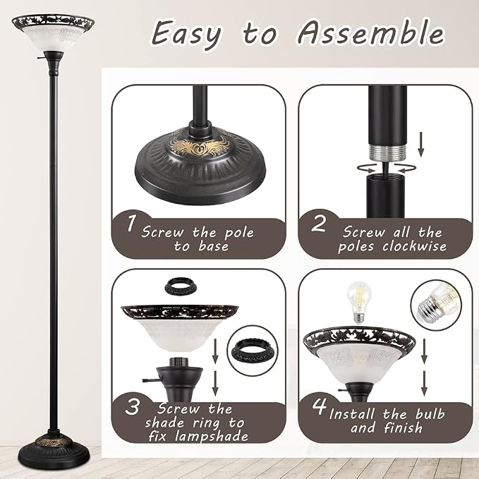 Luvkczc Victorian Floor Lamp, 70" Elegant Standing Lamp with Alabaster Glass Shade, Metal Pole & Heavy Base, Vintage Tall Corner Lamp for Bedroom, Living Room, Office. No Bulbs (1 Head)