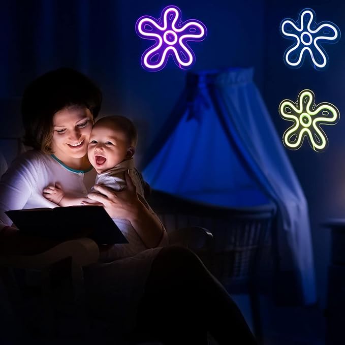 3 Pcs Flower Neon Sign LED Light Signs Retro LED Signs Flower Shaped Sign Purple Blue and Yellow Neon Sign for Bedroom Home Wall Decor Birthday Wedding Party Decorations Kid's Gifts