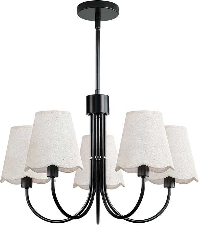 RUIYEY Modern Dining Room Chandelier - 20" 5-Light Black Chandeliers Light Fixture with Fabric Shades, Height Adjustable Mid-Century Pendant Lighting Over Table for Bedroom Living Room Kitchen Island