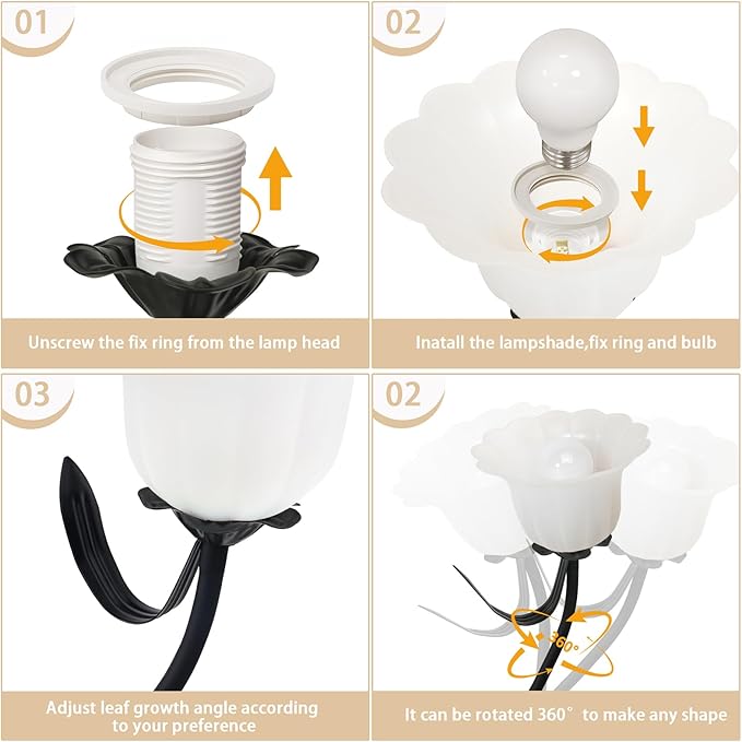 Vintage Flower Table Lamp, 3 Color Temperature Flexible Gooseneck Cute Small Desk Lamp for Bedroom, Kawaii Nightstand Bedside Lamps for Living Room, Dorm, Office, Home Decor (Black)