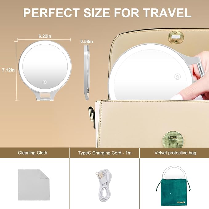 Mocado 1X/20X Magnifying Mirror with Light, Travel Makeup Mirror with Light | Double Sides Travel Mirror with 3 Color Light, Dimmable Touch, 1500mAh Rechargeable, Brightness Adjustable(White)