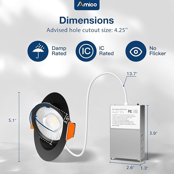 Amico 6 Pack 4 Inch 5CCT Gimbal LED Recessed Lighting, 360°&90°Adjustable Eyeball Directional Downlight, Dimmable, 2700K/3000K/3500K/4000K/5000K Selectable, 9W 700LM CRI90+, Black, ETL&FCC