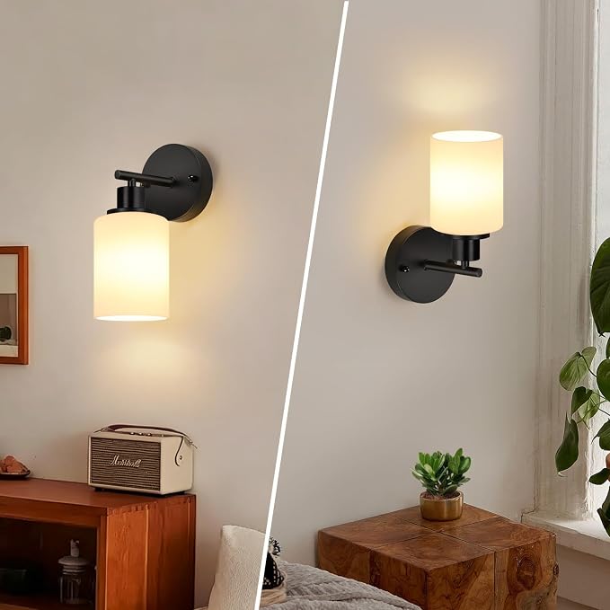 Set of 2 Wall Sconces for Bathroom,Black Modern Vanity Lights with Milky White Frosted Glass Shades,Bathroom Wall Lamp, for Bathroom, for Mirror, Living Room, Kitchen, Hallway, Cabinet, Porch