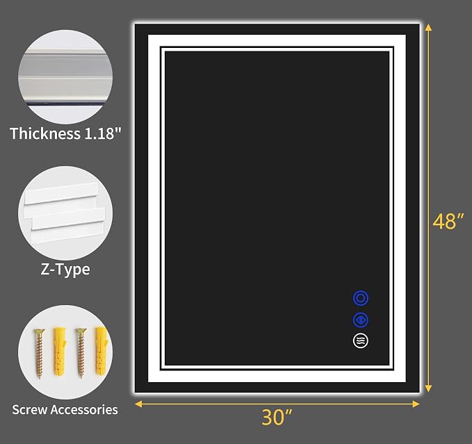 40"x30" LED Bathroom Mirror with Lights,Anti-Fog,3 Color Modes