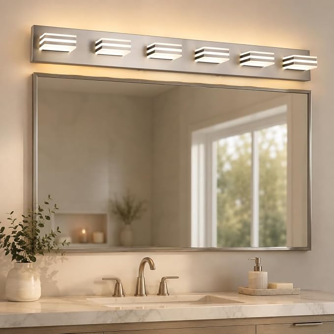 6-Light Brushed Nickel Vanity Light for Double Sink Bathroom, 41 Inch 48W 5CCT Dimmable LED Over Mirror Wall Fixture, Hardwired Light with Clear Acrylic Shade