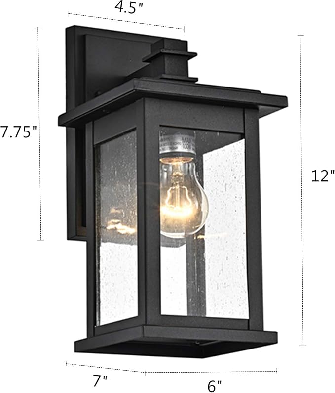MICSIU 12 Inch Matte Black Modern Farmhouse Outdoor Wall Lantern 1 Pack | Square Exterior Sconce with Clear Seedy Glass, Anti-Rust Waterproof Outside Wall Mount Light for House, Porch, Garage, Garden