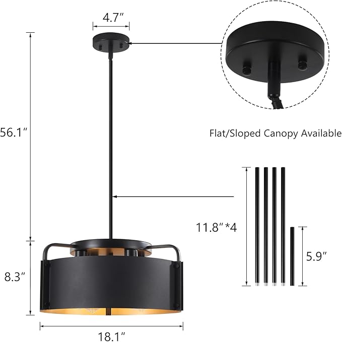 Chandeliers for Dining Room, Matte Black Industrial Drum Chandeliers 18" Large 4-Light Farmhouse Chandelier for Foyer Entryway Kitchen Hallway Bedroom, E26 Base(Not Included Bulb)