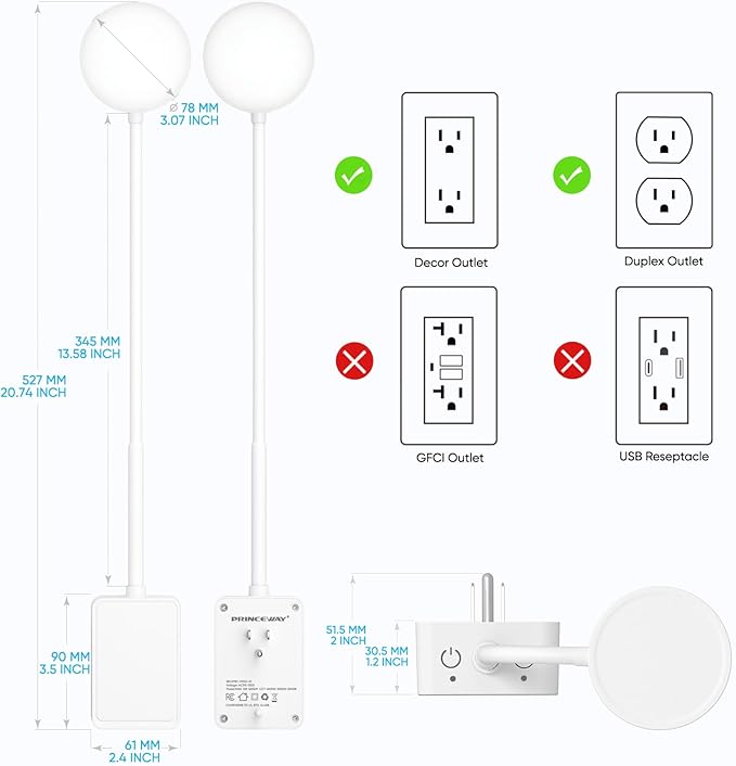 Plug in LED Book Reading Light, White Flexible Dimmable Wall Sconce Night Lamp with Plug for Bedroom Kitchen Kids Room, Dual Touch Switch, 3 Lighting Colors, 110° Wide Light Angle
