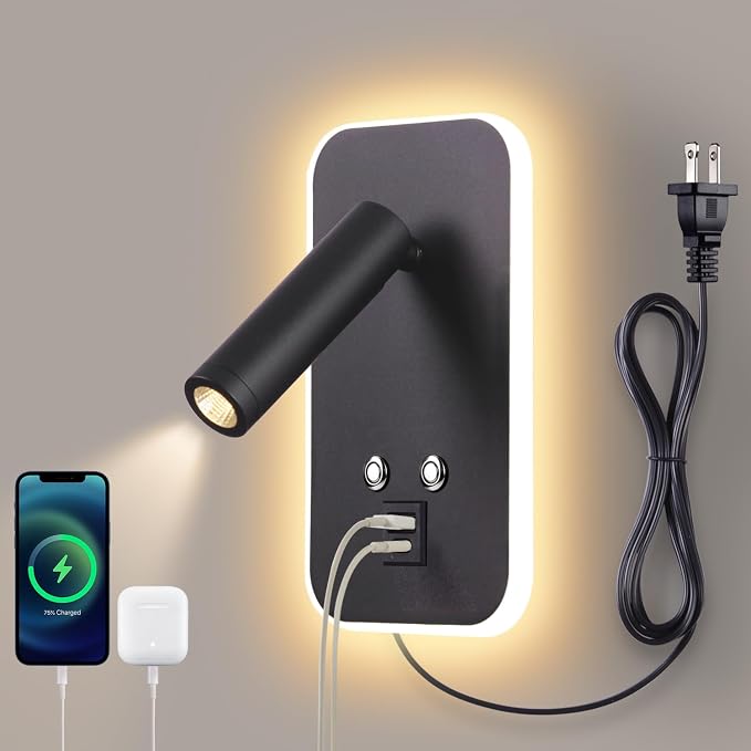 Wall-Mounted LED Bedside Reading Light Plug-in, with USB Charging Port, Stepless Touch Dimming, 3000K Warm Ambient Lighting Wall Lamp Sconce for Bedroom, Eye-Caring Bedroom Lighting (Black)