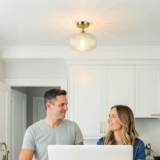 ROTTOGOON Modern Semi Flush Mount Ceiling Light for Flat and Sloped Ceiling | Adjustable Gold Hallway Light Fixtures with Clear Glass Shade for Kitchen Bathroom Entryway Bedroom (Bulb Not Included)