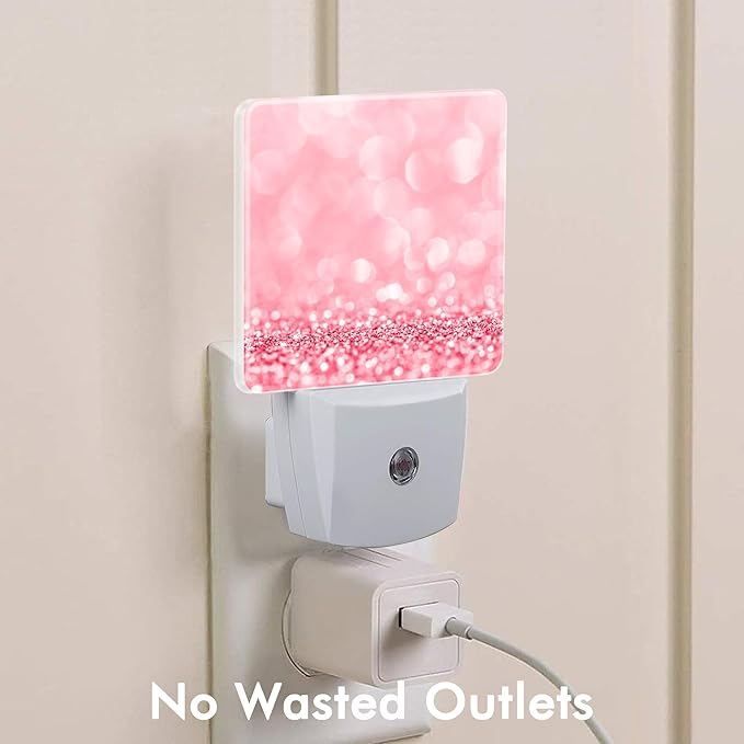 Pink Glitter Night Light,Plug into Wall with Dusk to Dawn Light Sensors,LED Nightlights for Bedroom,Bathroom,Kitchen,Hallway,Room Decor for Boys Girls Women Men