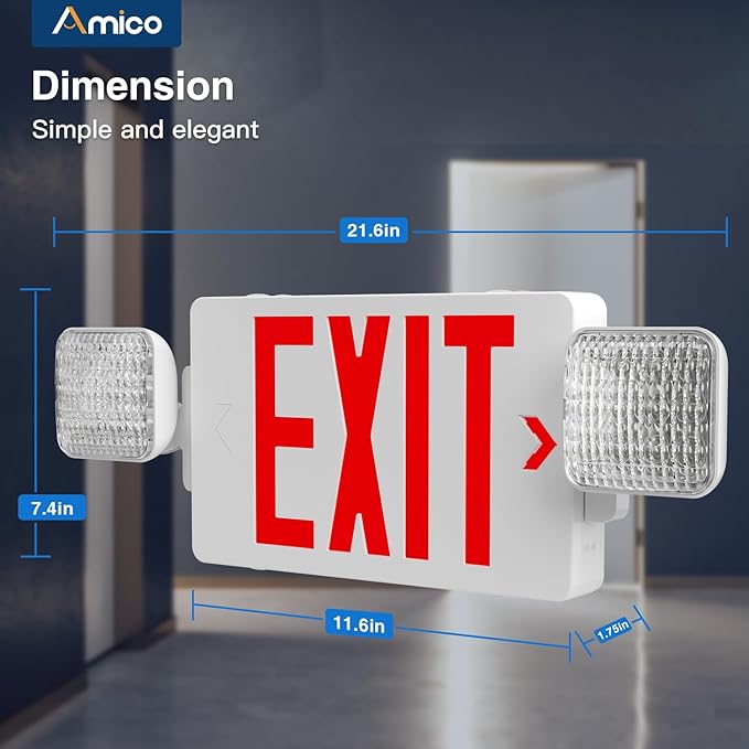 Amico 4 Pack Double-Sided Exit Sign with Emergency Lights, Two LED Adjustable Head with Battery Backup, ETL Certified, AC 120/277V, Commercial Emergency Lights Combo for Business