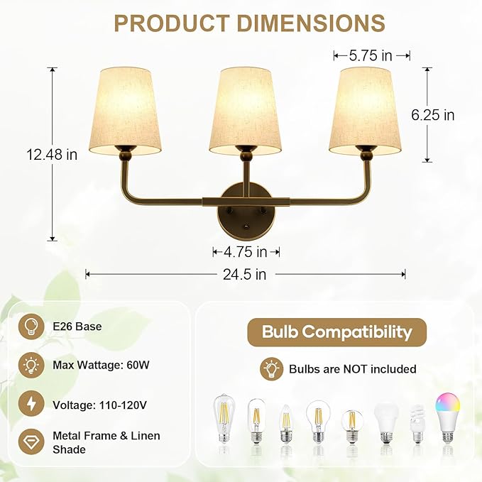 Bathroom Light Fixtures, 3-Light Oil-Rubbed Bronze Vanity Lights, Bathroom Lighting Fixtures Over Mirror with Flared Linen Shade, Modern Wall Sconces for Living Room Hallway